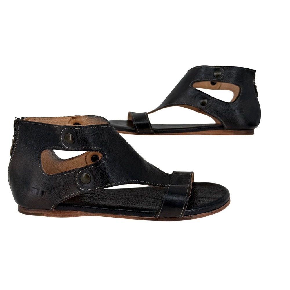 Bed Stu Soto Gladiator Sandals 7.5 Black Rustic Leather Flat Cutouts Back Zip